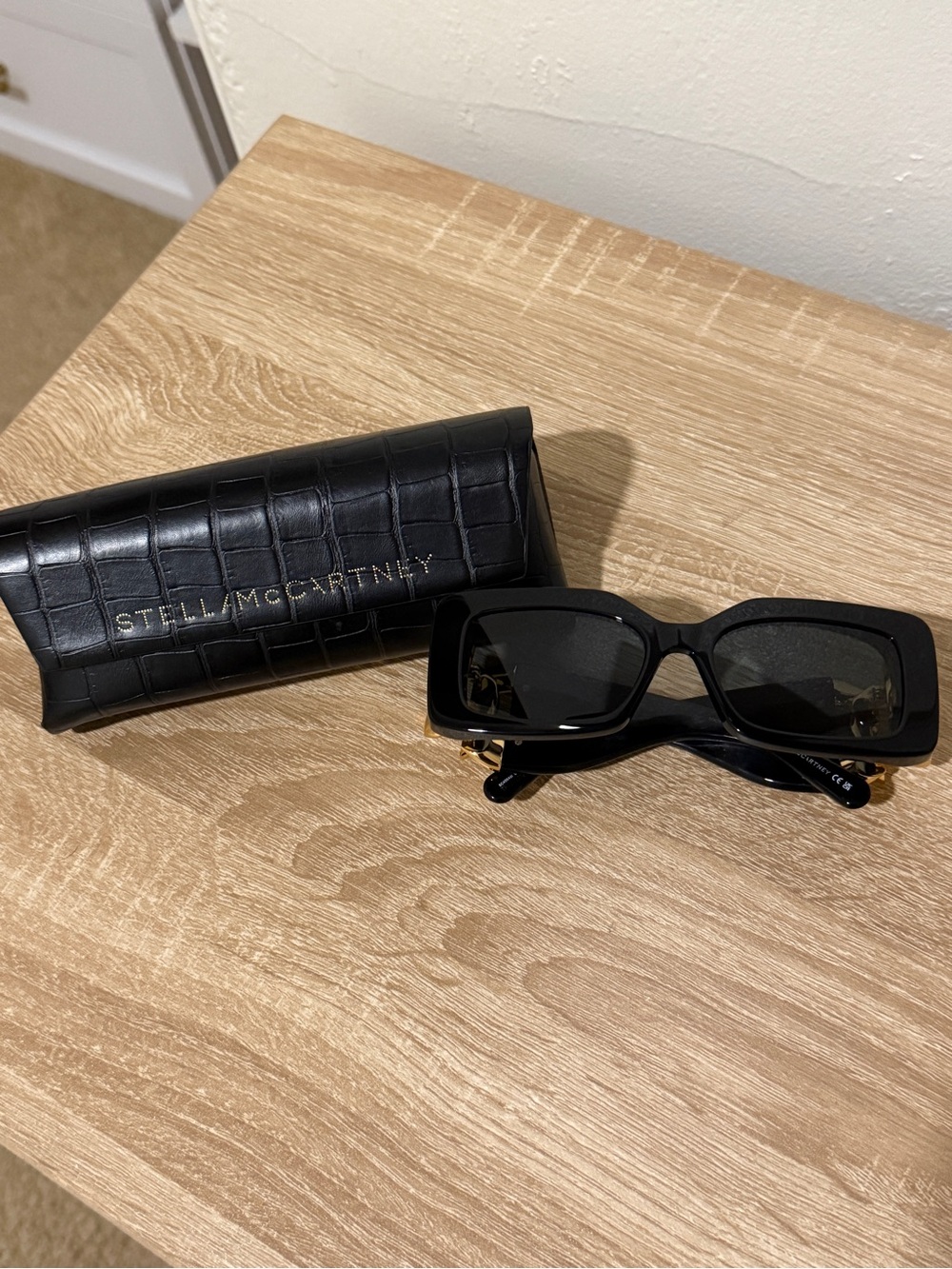 Stella McCartney Black Rectangular Sunglasses with Gold Chain Link Accents